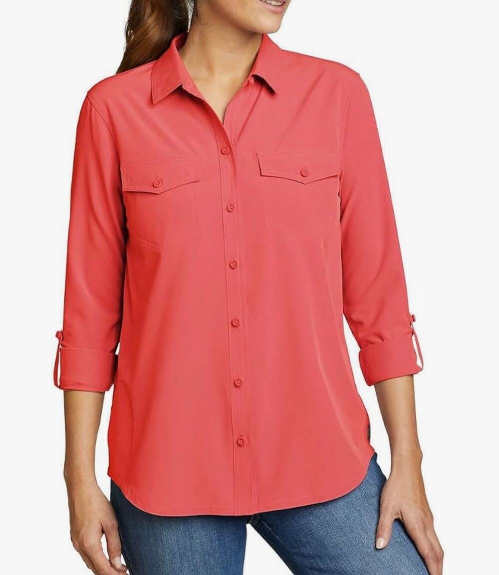 Eddie Bauer Departure Long Sleeve Shirt Coral Red Button Down UPF 50 L NWT